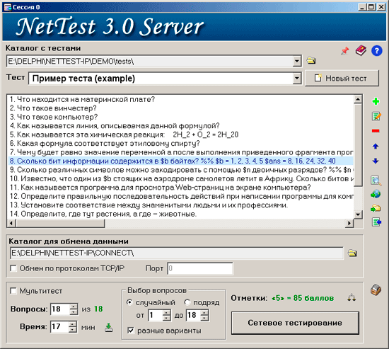 Окно серверной программы сетевого теста NetTest
